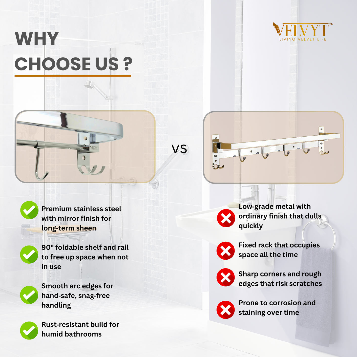 Comparison chart between VELVYT shower rack with mirror and without mirror, highlighting features and drawbacks.