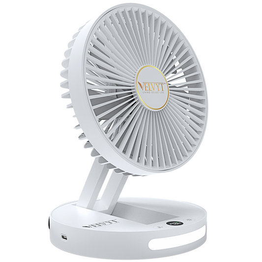 VELVYT BreezoWrap 6.3 Inch Portable Rechargeable Desk Fan | Compact Foldable Fits In Any Bag | 4+1 Speed Control | LED Power Display & Night Light |BLDC Silent Fan |Mini Fan for Home & Travel