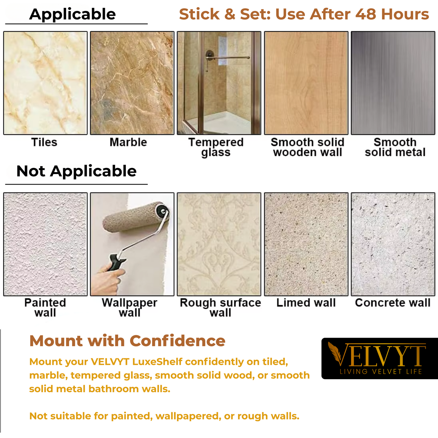 VELVYT Aluminium Bathroom Shelves,Bathroom Organiser Without Drill,Self-Adhesive Multipurpose Wall Mounted Bathroom Shelf & Kitchen Organizer, Bathroom Rack (Pack of 2)