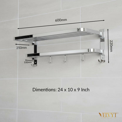 VELVYT Premium Stainless Steel Bathroom Towel Hanger for Wall | Dual Folding Towel Rack in Bathroom & Bathroom Hangers for Clothes| 24 Inch | Space Saving - Chrome Finish