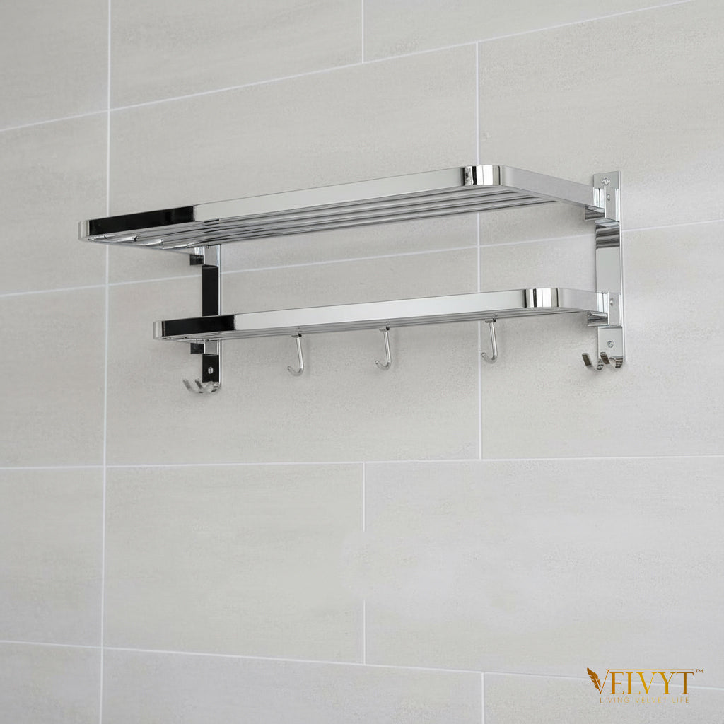 VELVYT Premium Stainless Steel Bathroom Towel Hanger for Wall | Dual Folding Towel Rack in Bathroom & Bathroom Hangers for Clothes| 24 Inch | Space Saving - Chrome Finish