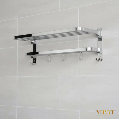 VELVYT Premium Stainless Steel Bathroom Towel Hanger for Wall | Dual Folding Towel Rack in Bathroom & Bathroom Hangers for Clothes| 24 Inch | Space Saving - Chrome Finish