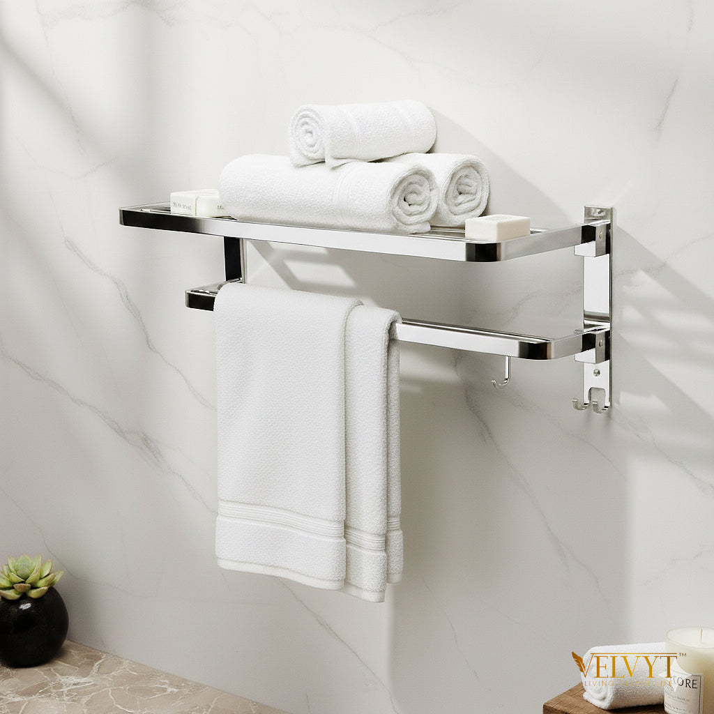 VELVYT Premium Stainless Steel Bathroom Towel Hanger for Wall | Dual Folding Towel Rack in Bathroom & Bathroom Hangers for Clothes| 24 Inch | Space Saving - Chrome Finish
