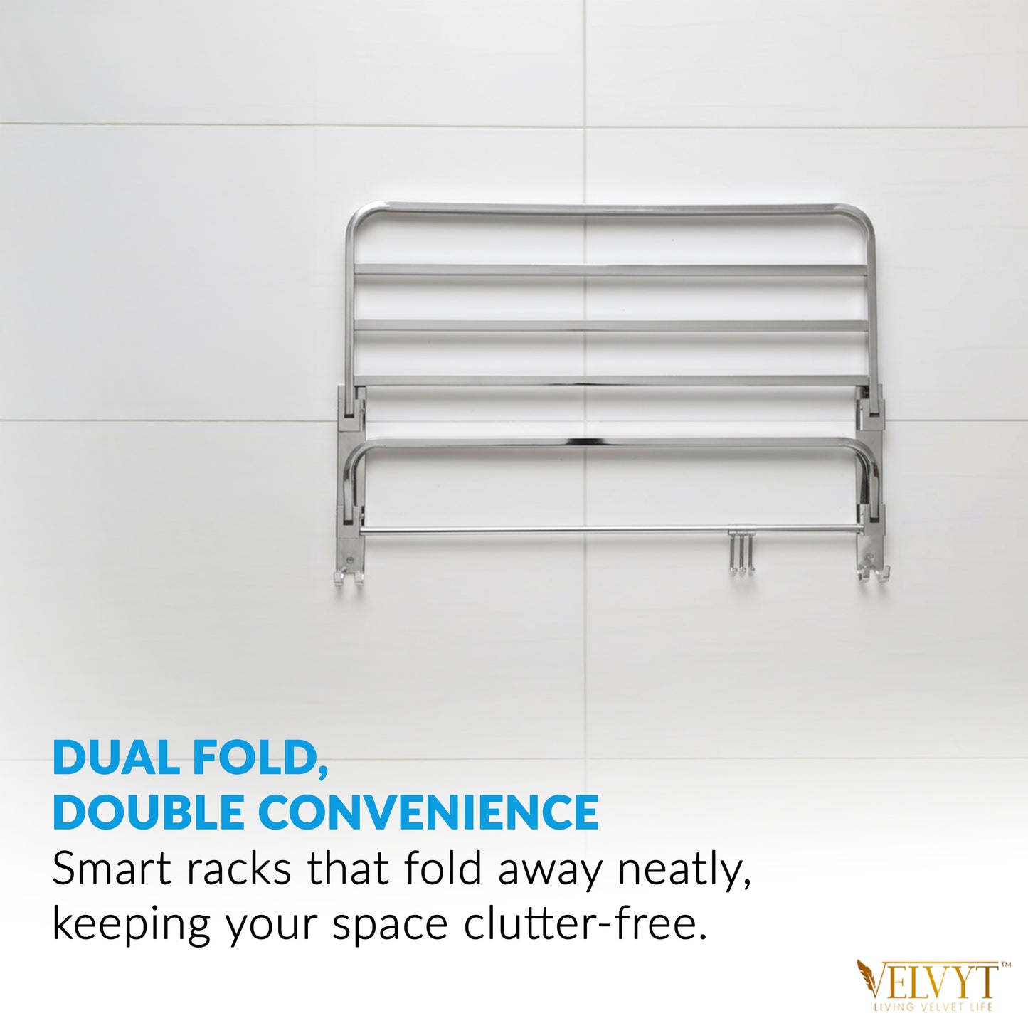 VELVYT Premium Stainless Steel Bathroom Towel Hanger for Wall | Dual Folding Towel Rack in Bathroom & Bathroom Hangers for Clothes| 24 Inch | Space Saving - Chrome Finish