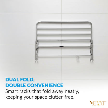 VELVYT Premium Stainless Steel Bathroom Towel Hanger for Wall | Dual Folding Towel Rack in Bathroom & Bathroom Hangers for Clothes| 24 Inch | Space Saving - Chrome Finish