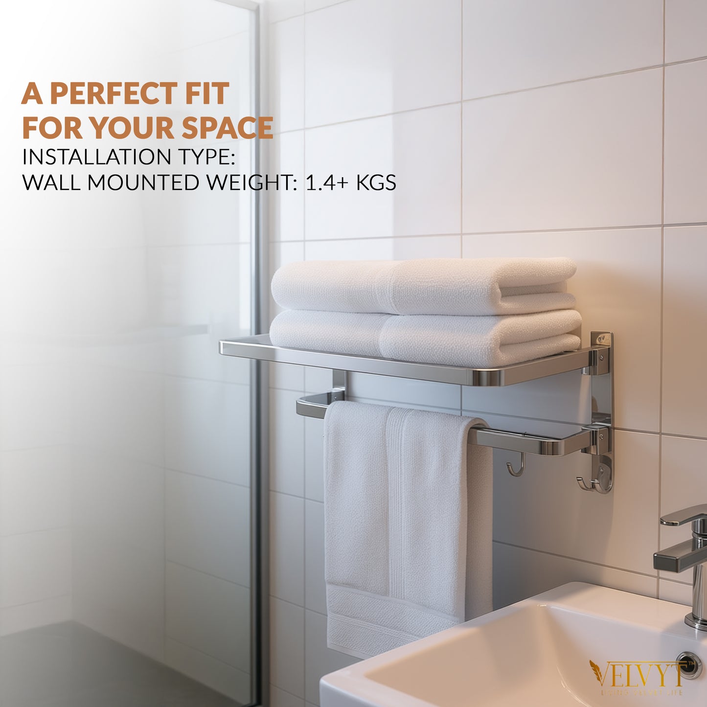 VELVYT Premium Stainless Steel Bathroom Towel Hanger for Wall | Dual Folding Towel Rack in Bathroom & Bathroom Hangers for Clothes| 24 Inch | Space Saving - Chrome Finish