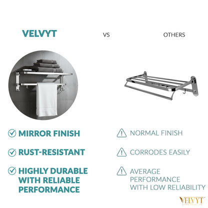 VELVYT Premium Stainless Steel Bathroom Towel Hanger for Wall | Dual Folding Towel Rack in Bathroom & Bathroom Hangers for Clothes| 24 Inch | Space Saving - Chrome Finish