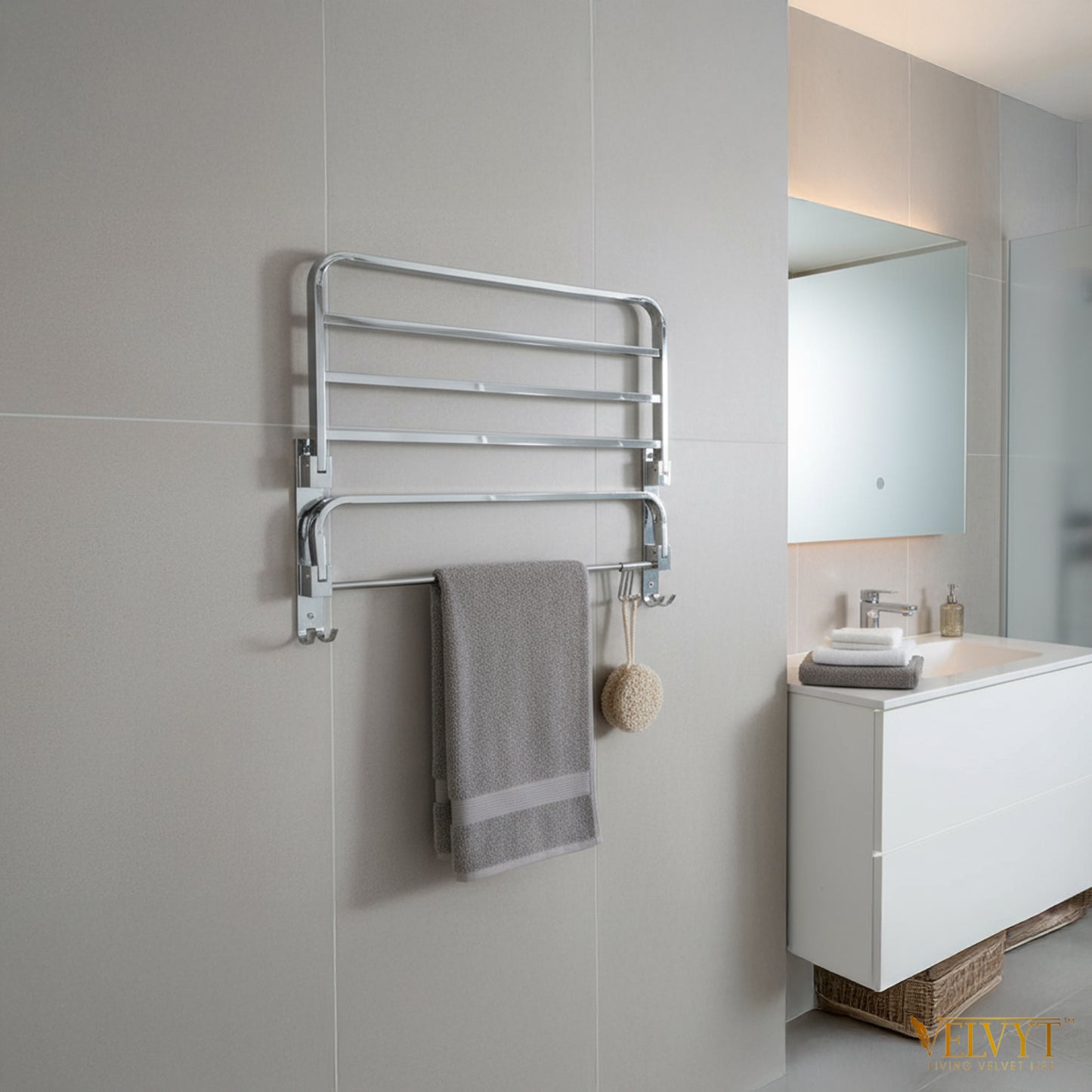 VELVYT Premium Stainless Steel Bathroom Towel Hanger for Wall | Dual Folding Towel Rack in Bathroom & Bathroom Hangers for Clothes| 24 Inch | Space Saving - Chrome Finish