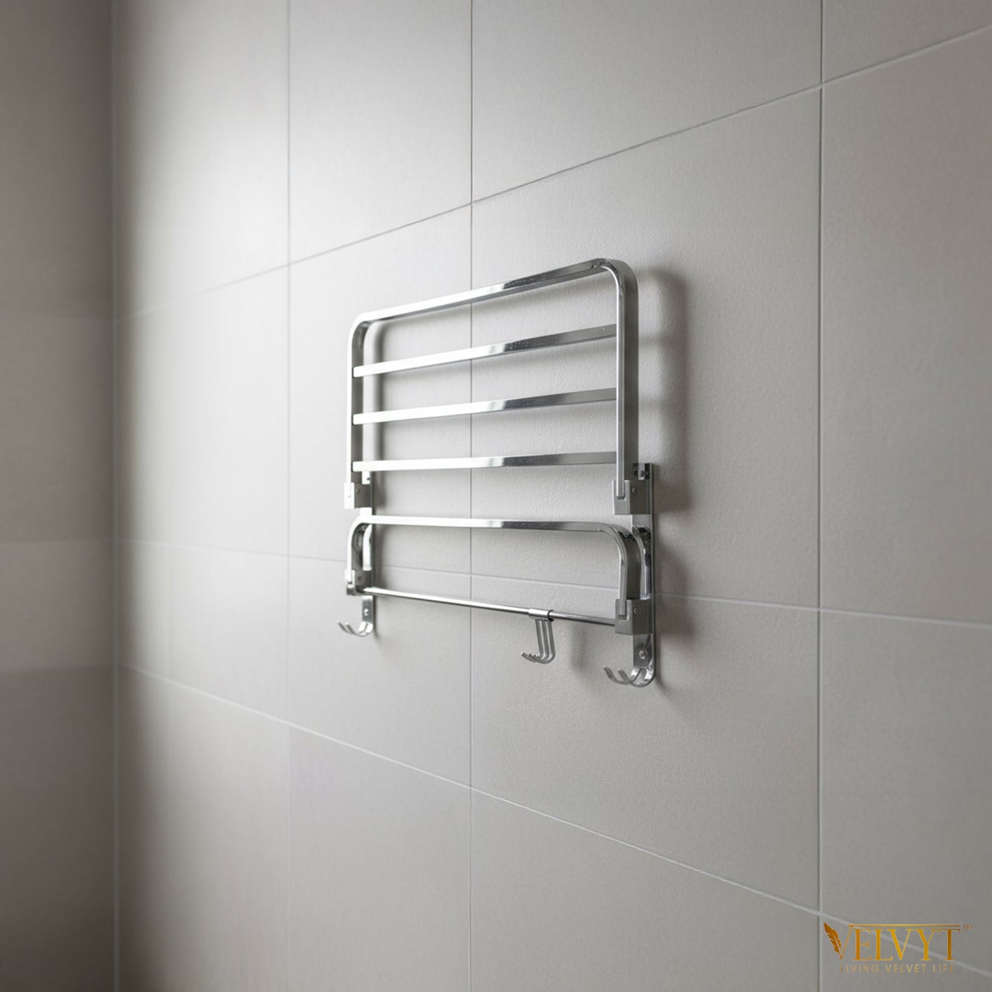 VELVYT Premium Stainless Steel Bathroom Towel Hanger for Wall | Dual Folding Towel Rack in Bathroom & Bathroom Hangers for Clothes| 24 Inch | Space Saving - Chrome Finish