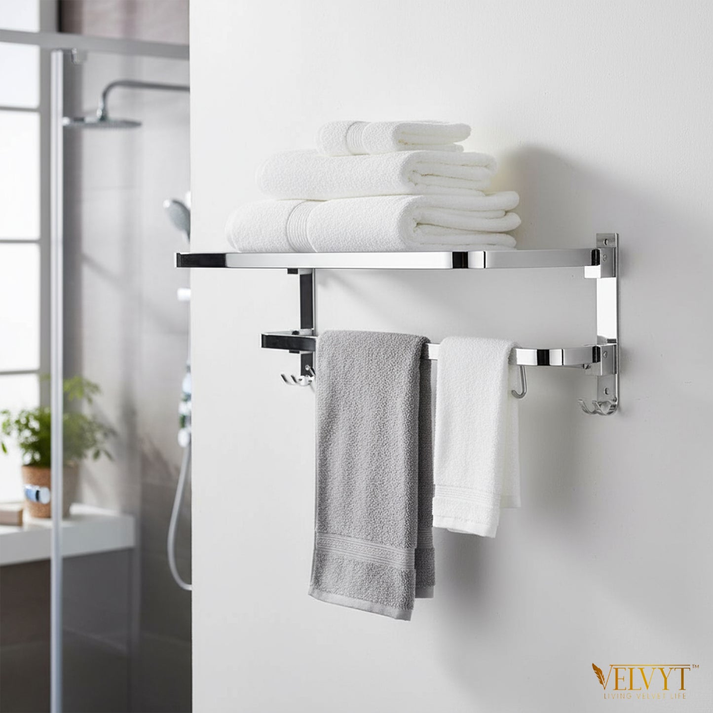 VELVYT Premium Stainless Steel Bathroom Towel Hanger for Wall | Dual Folding Towel Rack in Bathroom & Bathroom Hangers for Clothes| 24 Inch | Space Saving - Chrome Finish