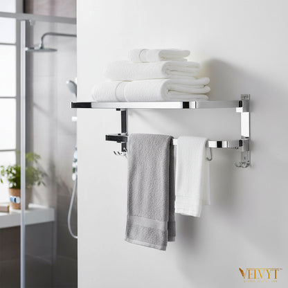 VELVYT Premium Stainless Steel Bathroom Towel Hanger for Wall | Dual Folding Towel Rack in Bathroom & Bathroom Hangers for Clothes| 24 Inch | Space Saving - Chrome Finish