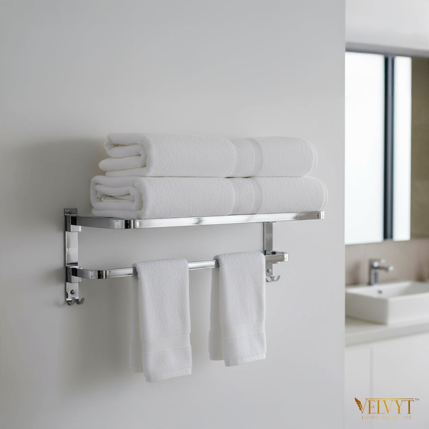 VELVYT Premium Stainless Steel Bathroom Towel Hanger for Wall | Dual Folding Towel Rack in Bathroom & Bathroom Hangers for Clothes| 24 Inch | Space Saving - Chrome Finish