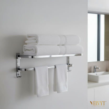 VELVYT Premium Stainless Steel Bathroom Towel Hanger for Wall | Dual Folding Towel Rack in Bathroom & Bathroom Hangers for Clothes| 24 Inch | Space Saving - Chrome Finish