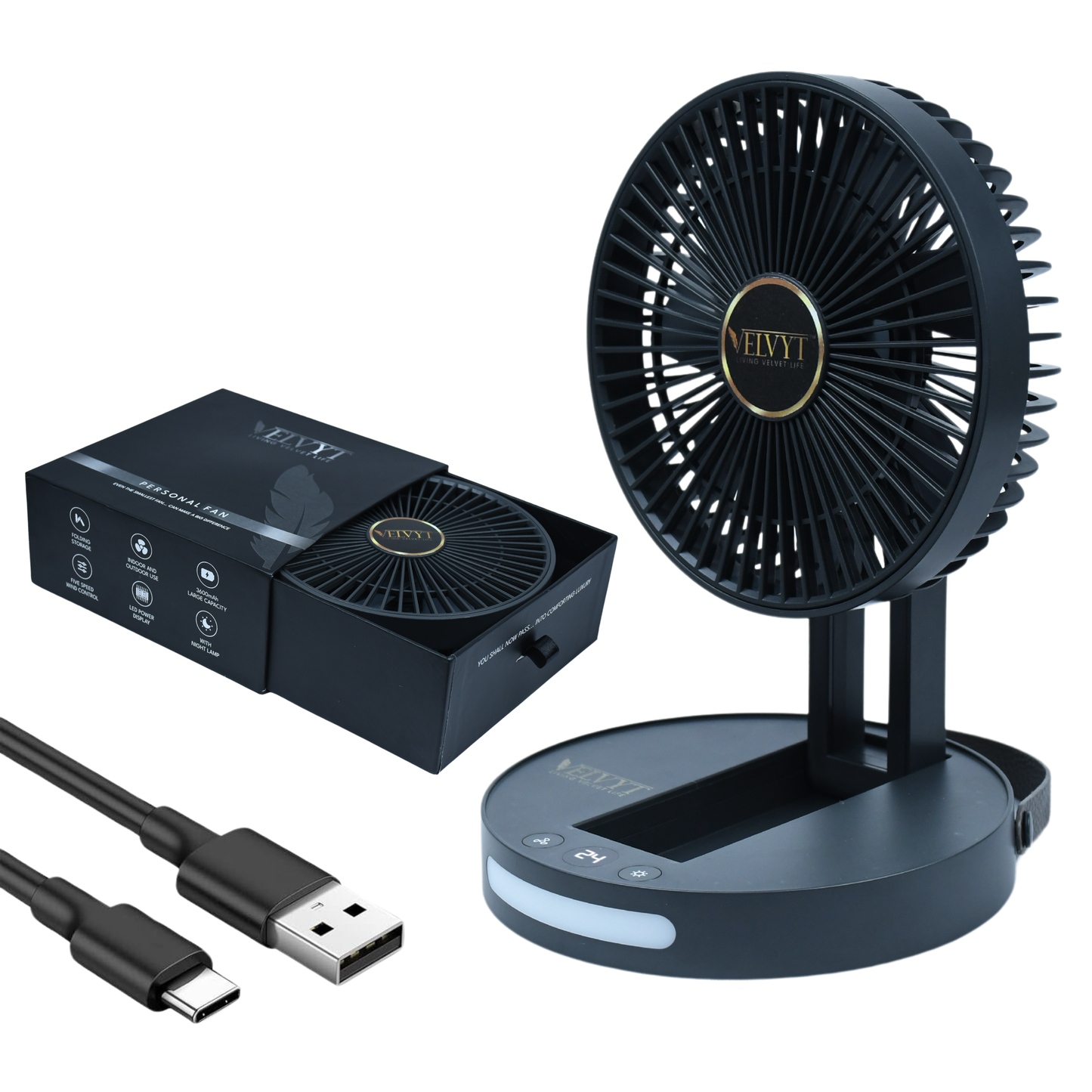 VELVYT BreezoWrap 6.3 Inch Portable Rechargeable Desk Fan | Compact Foldable Fits In Any Bag | 4+1 Speed Control | LED Power Display & Night Light |BLDC Silent Fan |Mini Fan for Home & Travel