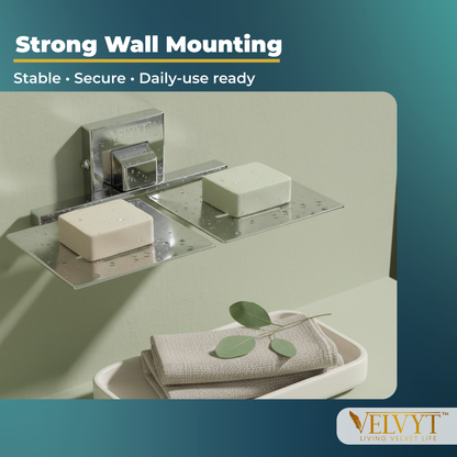 VELVYT Premium Stainless Steel Dual Soap Stand for Bathroom | Wall Mounted Soap Holder for Bathroom | Rust Resistant Double Soap Dish Holder | Modern Bathroom Fitting – Chrome Finish