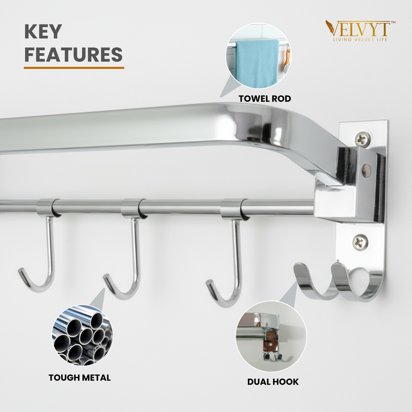 VELVYT Premium Stainless Steel Towel Holder in Bathroom | Folding Towel Rack for Bathroom | Rust Resistant Cloth Hanger for Wall | Bathroom Hangers for Clothes | 24 Inch | Space Saving-Chrome Finish