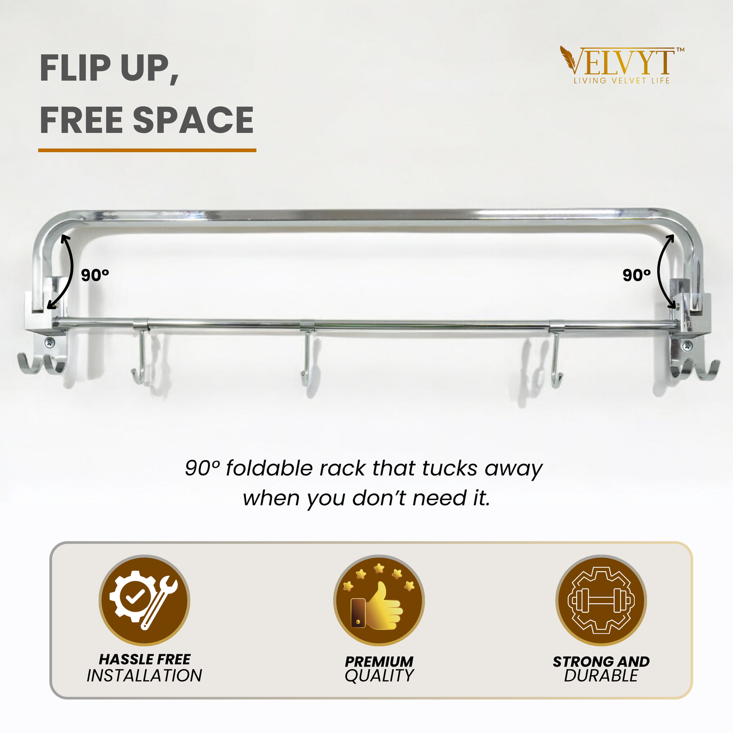 VELVYT Premium Stainless Steel Towel Holder in Bathroom | Folding Towel Rack for Bathroom | Rust Resistant Cloth Hanger for Wall | Bathroom Hangers for Clothes | 24 Inch | Space Saving-Chrome Finish