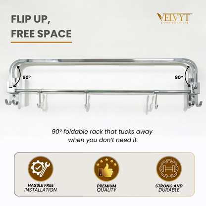 VELVYT Premium Stainless Steel Towel Holder in Bathroom | Folding Towel Rack for Bathroom | Rust Resistant Cloth Hanger for Wall | Bathroom Hangers for Clothes | 24 Inch | Space Saving-Chrome Finish
