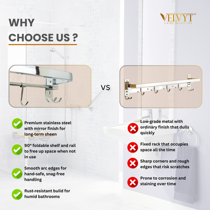 VELVYT Premium Stainless Steel Towel Holder in Bathroom | Folding Towel Rack for Bathroom | Rust Resistant Cloth Hanger for Wall | Bathroom Hangers for Clothes | 24 Inch | Space Saving-Chrome Finish