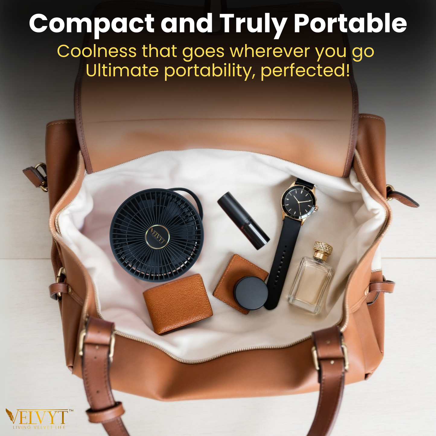 VELVYT BreezoWrap 6.3 Inch Portable Rechargeable Desk Fan | Compact Foldable Fits In Any Bag | 4+1 Speed Control | LED Power Display & Night Light |BLDC Silent Fan |Mini Fan for Home & Travel
