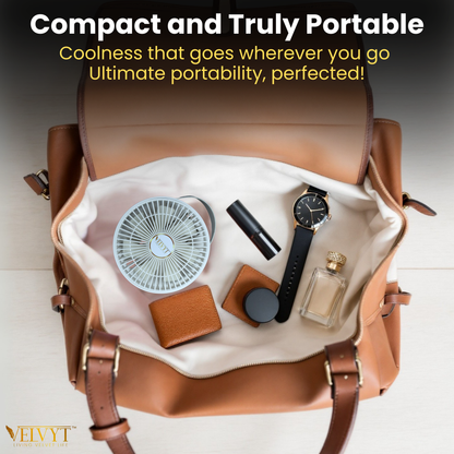 VELVYT BreezoWrap 6.3 Inch Portable Rechargeable Desk Fan | Compact Foldable Fits In Any Bag | 4+1 Speed Control | LED Power Display & Night Light |BLDC Silent Fan |Mini Fan for Home & Travel