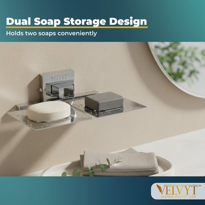 VELVYT Premium Stainless Steel Dual Soap Stand for Bathroom | Wall Mounted Soap Holder for Bathroom | Rust Resistant Double Soap Dish Holder | Modern Bathroom Fitting – Chrome Finish