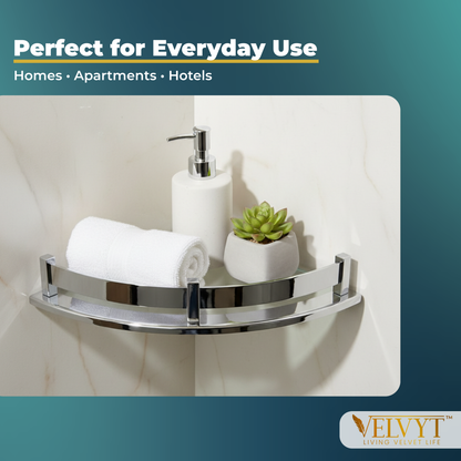 VELVYT Premium Stainless Steel Round Wall Shelf | Wall Mounted Shelves for Washroom | Organizer for Toiletries | Rust Resistant Corner Shelf | Chrome Finish Space Saving Stand