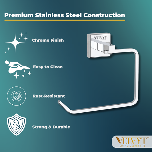 VELVYT Premium Stainless Steel Towel Holder in Bathroom | Square Napkin Holder for Wash Basin | Towel Hanger for Wash Basin | Rust Resistant Hand Towel Hanger | Chrome Finish Bathroom Accessories