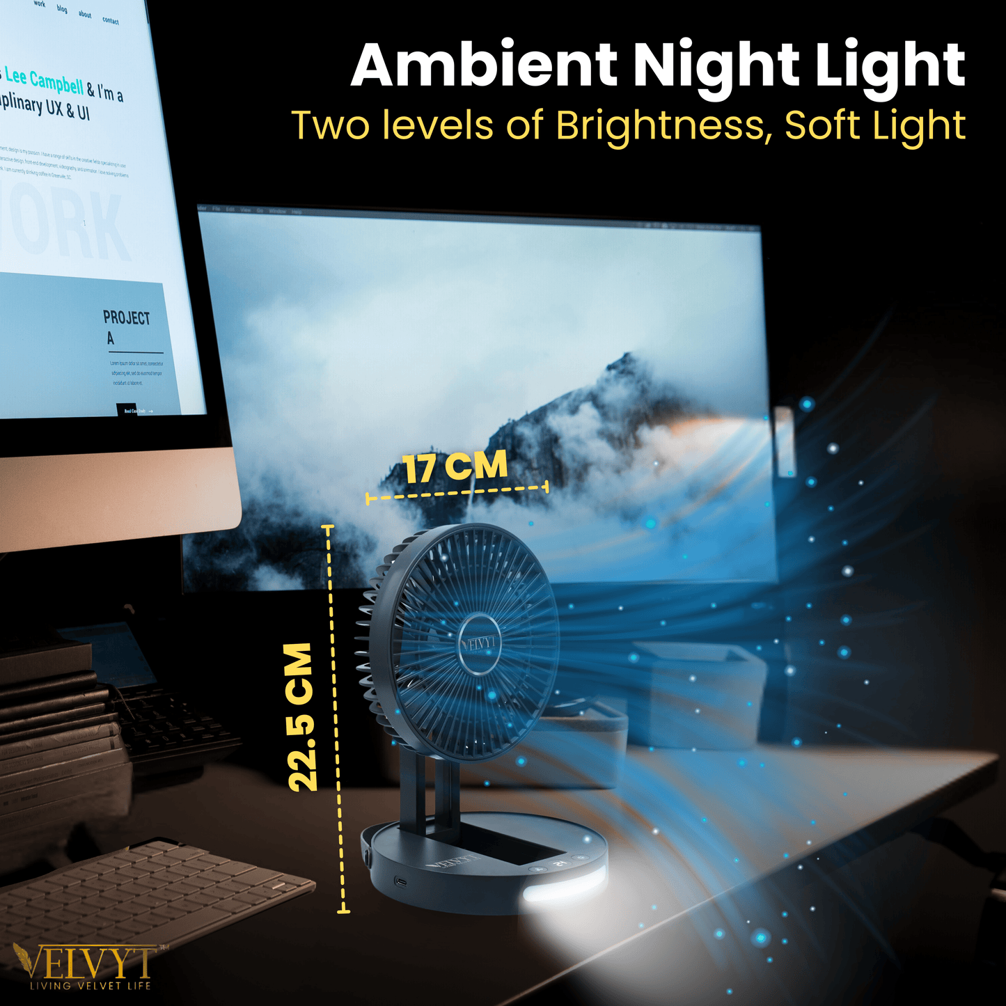 VELVYT BreezoWrap 6.3 Inch Portable Rechargeable Desk Fan | Compact Foldable Fits In Any Bag | 4+1 Speed Control | LED Power Display & Night Light |BLDC Silent Fan |Mini Fan for Home & Travel