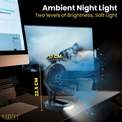 VELVYT BreezoWrap 6.3 Inch Portable Rechargeable Desk Fan | Compact Foldable Fits In Any Bag | 4+1 Speed Control | LED Power Display & Night Light |BLDC Silent Fan |Mini Fan for Home & Travel