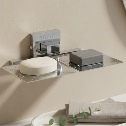 VELVYT Premium Stainless Steel Dual Soap Stand for Bathroom | Wall Mounted Soap Holder for Bathroom | Rust Resistant Double Soap Dish Holder | Modern Bathroom Fitting – Chrome Finish