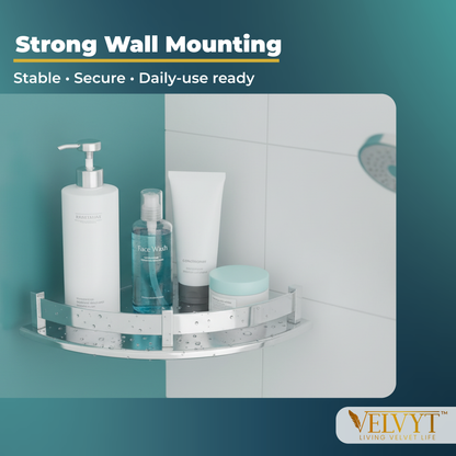 VELVYT Premium Stainless Steel Round Wall Shelf | Wall Mounted Shelves for Washroom | Organizer for Toiletries | Rust Resistant Corner Shelf | Chrome Finish Space Saving Stand