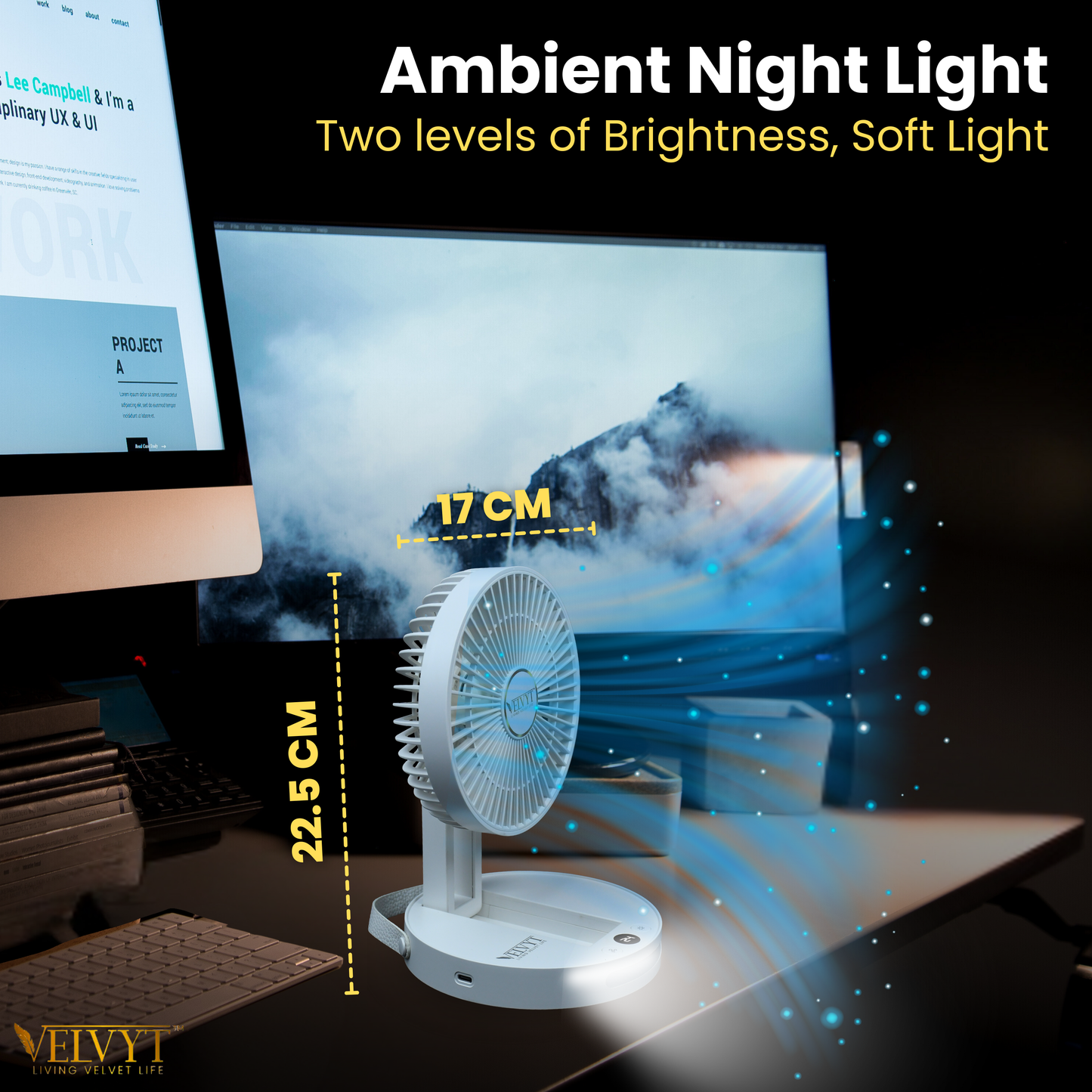 VELVYT BreezoWrap 6.3 Inch Portable Rechargeable Desk Fan | Compact Foldable Fits In Any Bag | 4+1 Speed Control | LED Power Display & Night Light |BLDC Silent Fan |Mini Fan for Home & Travel