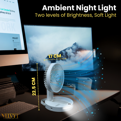 VELVYT BreezoWrap 6.3 Inch Portable Rechargeable Desk Fan | Compact Foldable Fits In Any Bag | 4+1 Speed Control | LED Power Display & Night Light |BLDC Silent Fan |Mini Fan for Home & Travel