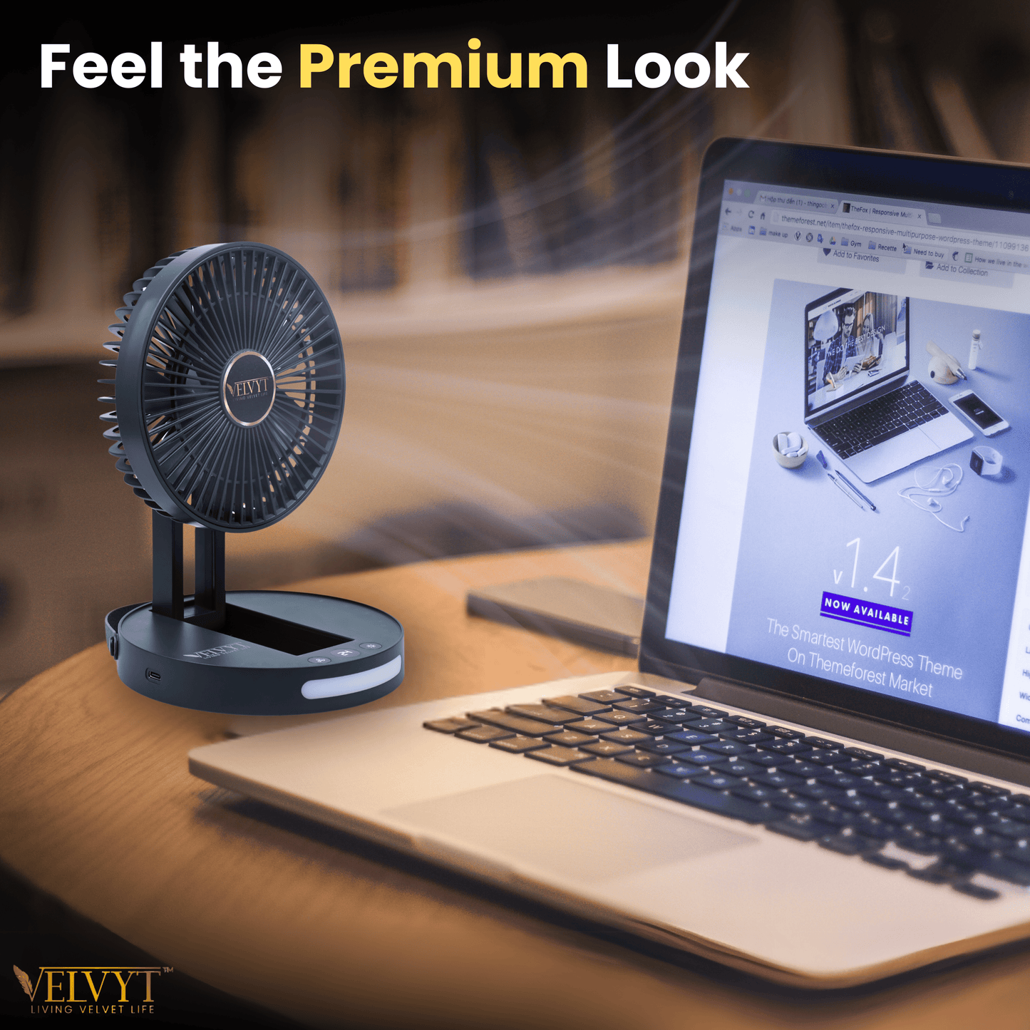 VELVYT BreezoWrap 6.3 Inch Portable Rechargeable Desk Fan | Compact Foldable Fits In Any Bag | 4+1 Speed Control | LED Power Display & Night Light |BLDC Silent Fan |Mini Fan for Home & Travel