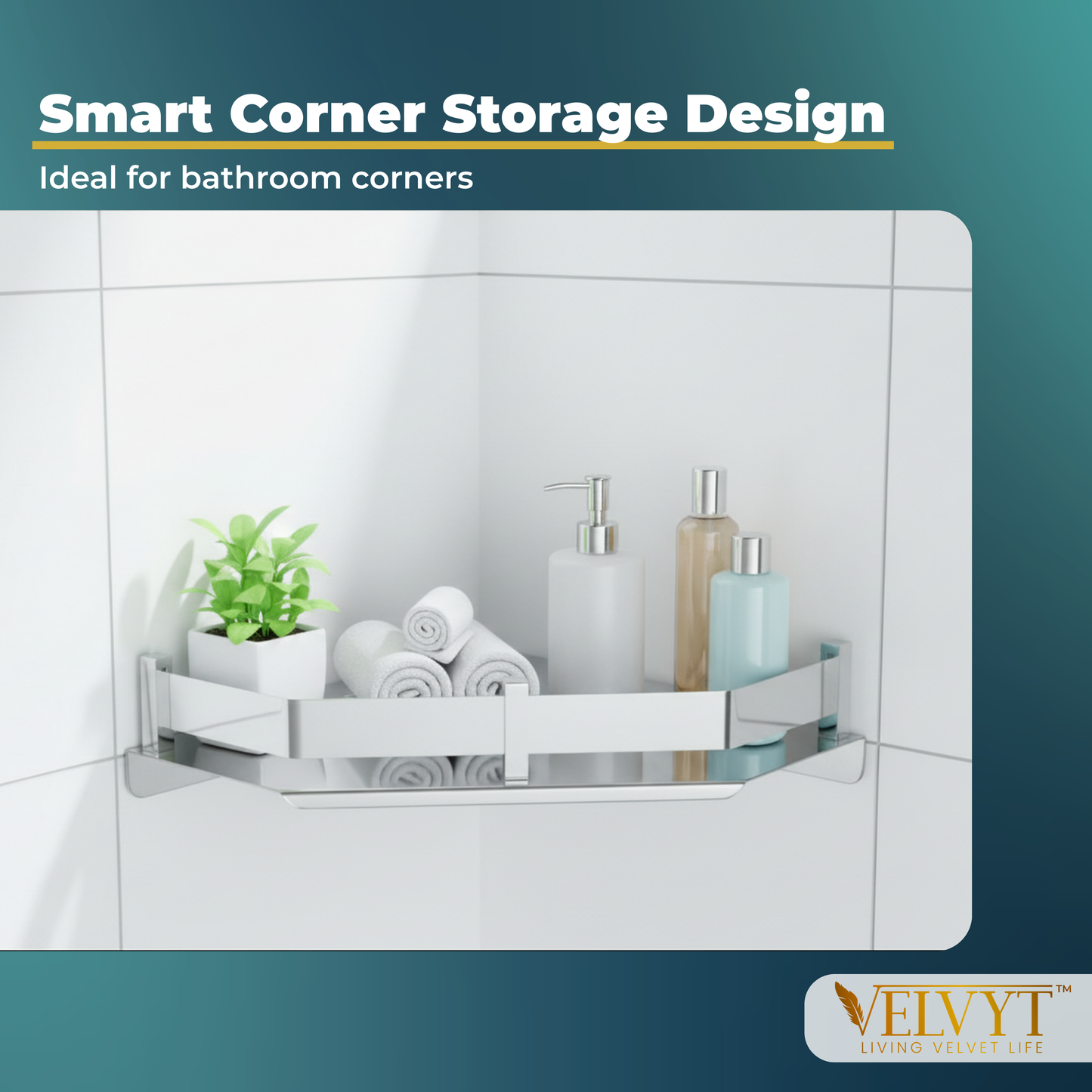 VELVYT Premium Stainless Steel Diamond Wall Shelf | Wall Mounted Shelves for Washroom | Organizer for Toiletries | Rust Resistant Corner Shelf | Chrome Finish Space Saving Stand
