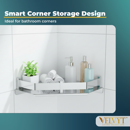 VELVYT Premium Stainless Steel Diamond Wall Shelf | Wall Mounted Shelves for Washroom | Organizer for Toiletries | Rust Resistant Corner Shelf | Chrome Finish Space Saving Stand