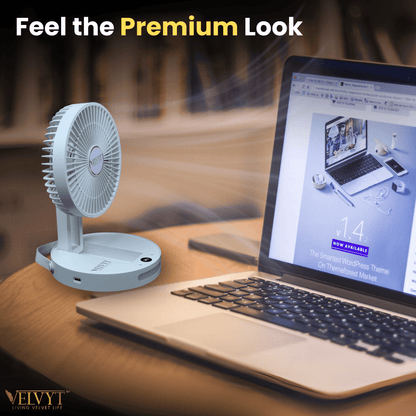VELVYT BreezoWrap 6.3 Inch Portable Rechargeable Desk Fan | Compact Foldable Fits In Any Bag | 4+1 Speed Control | LED Power Display & Night Light |BLDC Silent Fan |Mini Fan for Home & Travel