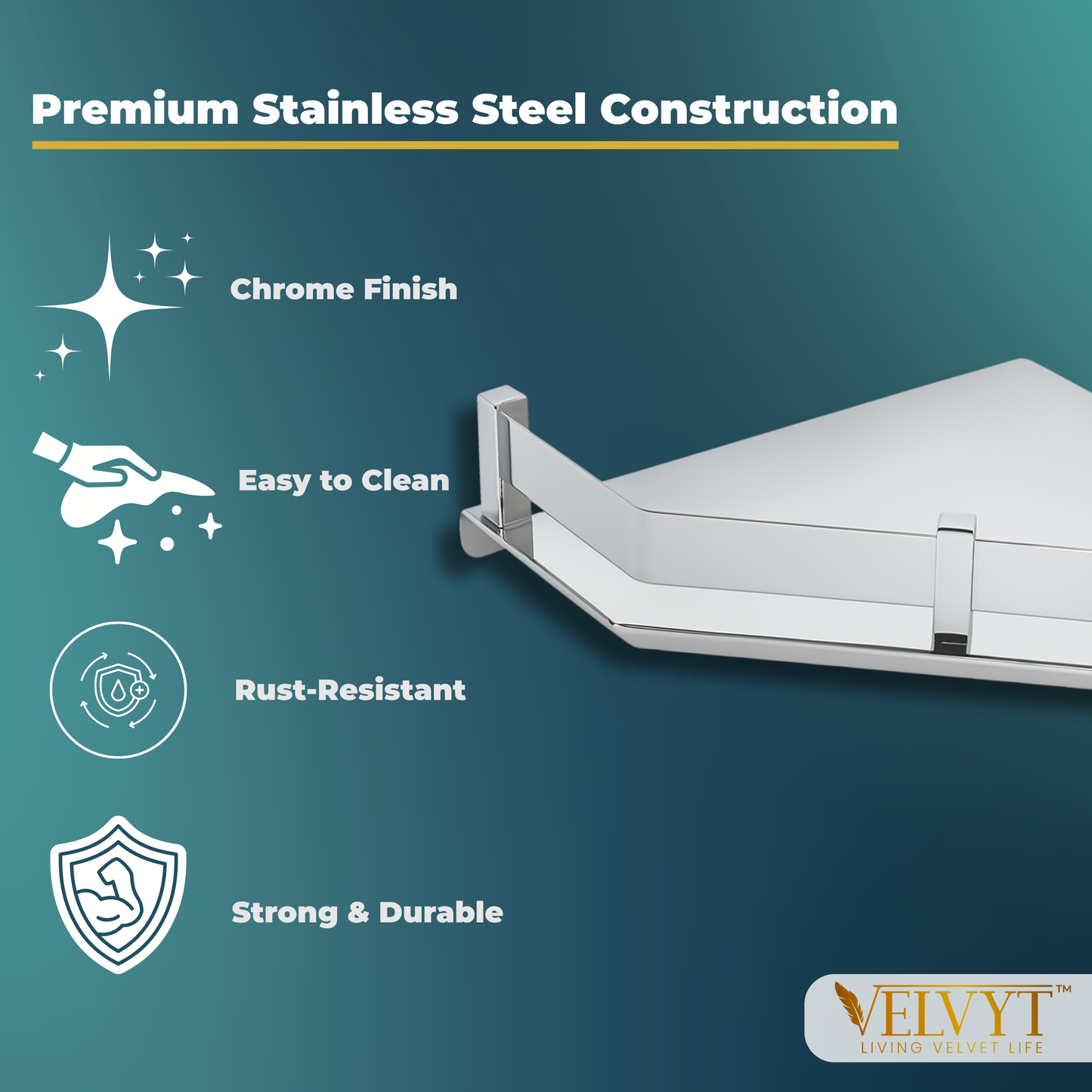 VELVYT Premium Stainless Steel Diamond Wall Shelf | Wall Mounted Shelves for Washroom | Organizer for Toiletries | Rust Resistant Corner Shelf | Chrome Finish Space Saving Stand