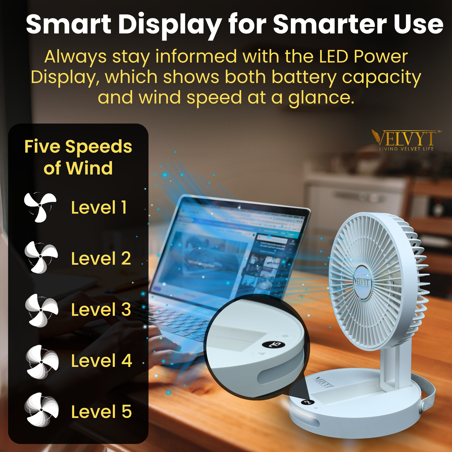VELVYT BreezoWrap 6.3 Inch Portable Rechargeable Desk Fan | Compact Foldable Fits In Any Bag | 4+1 Speed Control | LED Power Display & Night Light |BLDC Silent Fan |Mini Fan for Home & Travel