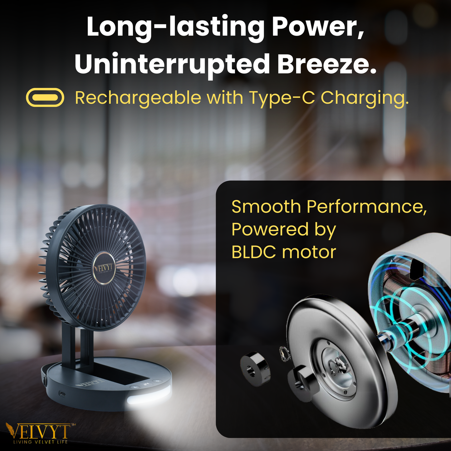 VELVYT BreezoWrap 6.3 Inch Portable Rechargeable Desk Fan | Compact Foldable Fits In Any Bag | 4+1 Speed Control | LED Power Display & Night Light |BLDC Silent Fan |Mini Fan for Home & Travel