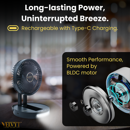 VELVYT BreezoWrap 6.3 Inch Portable Rechargeable Desk Fan | Compact Foldable Fits In Any Bag | 4+1 Speed Control | LED Power Display & Night Light |BLDC Silent Fan |Mini Fan for Home & Travel