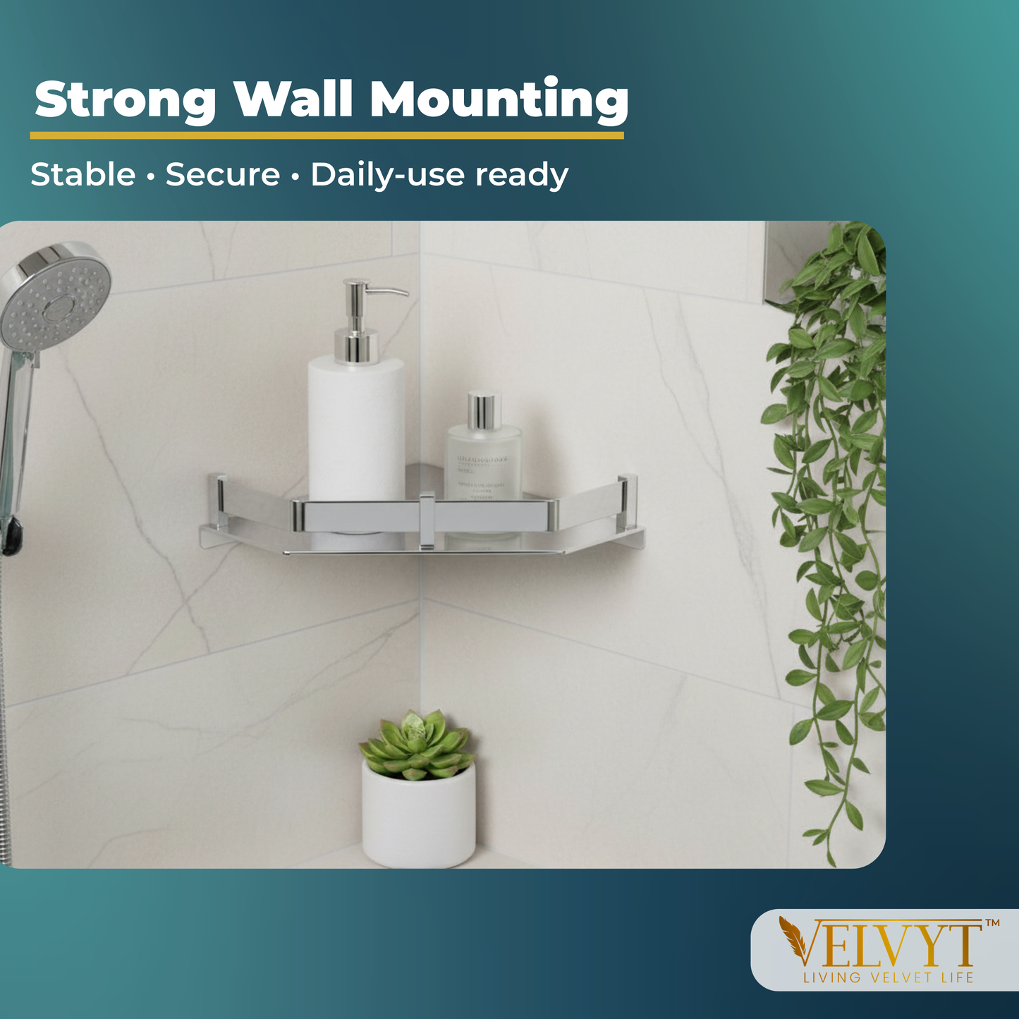 VELVYT Premium Stainless Steel Diamond Wall Shelf | Wall Mounted Shelves for Washroom | Organizer for Toiletries | Rust Resistant Corner Shelf | Chrome Finish Space Saving Stand