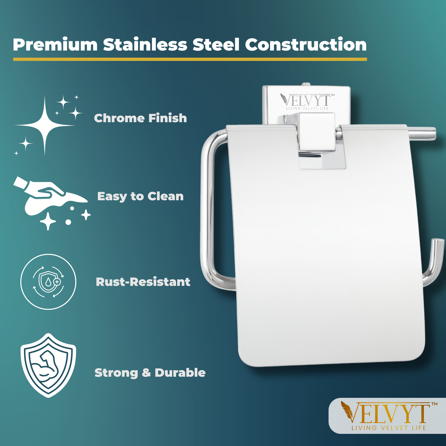 VELVYT Premium Stainless Steel Toilet Paper Stand for Bathroom | Rust Resistant Tissue Dispenser | Wall Mounted Toilet Paper Holder | Chrome Finish Bathroom Accessory