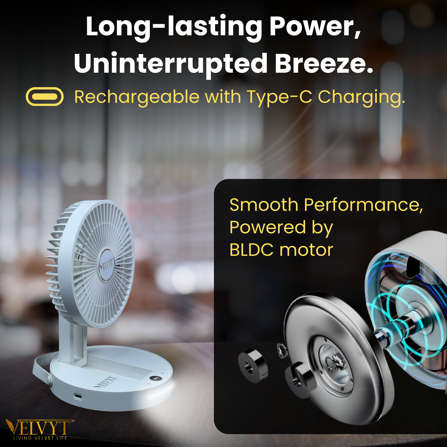 VELVYT BreezoWrap 6.3 Inch Portable Rechargeable Desk Fan | Compact Foldable Fits In Any Bag | 4+1 Speed Control | LED Power Display & Night Light |BLDC Silent Fan |Mini Fan for Home & Travel