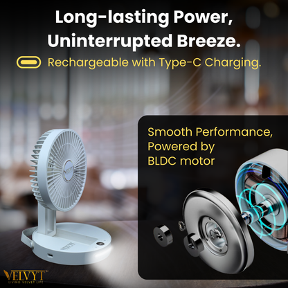 VELVYT BreezoWrap 6.3 Inch Portable Rechargeable Desk Fan | Compact Foldable Fits In Any Bag | 4+1 Speed Control | LED Power Display & Night Light |BLDC Silent Fan |Mini Fan for Home & Travel
