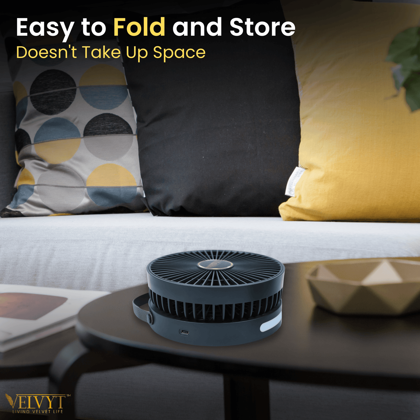 VELVYT BreezoWrap 6.3 Inch Portable Rechargeable Desk Fan | Compact Foldable Fits In Any Bag | 4+1 Speed Control | LED Power Display & Night Light |BLDC Silent Fan |Mini Fan for Home & Travel
