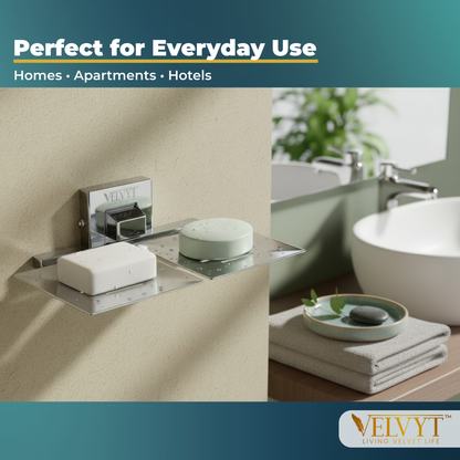 VELVYT Premium Stainless Steel Dual Soap Stand for Bathroom | Wall Mounted Soap Holder for Bathroom | Rust Resistant Double Soap Dish Holder | Modern Bathroom Fitting – Chrome Finish