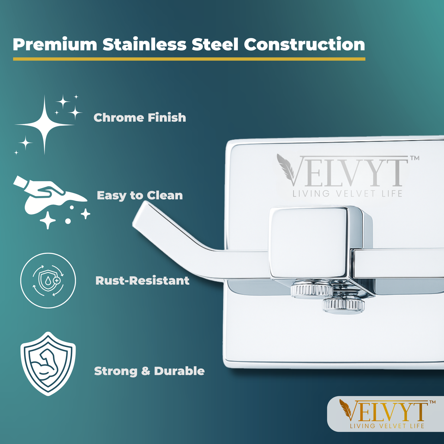 VELVYT Premium Stainless Steel Robe Hook | Door Hooks for Clothes | Cloth Hanger for Bathroom | Hooks for Bathroom Wall | Rust Resistant Bathroom Accessories – Chrome Finish