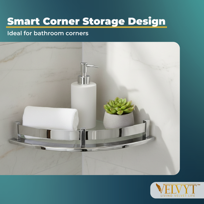 VELVYT Premium Stainless Steel Round Wall Shelf | Wall Mounted Shelves for Washroom | Organizer for Toiletries | Rust Resistant Corner Shelf | Chrome Finish Space Saving Stand